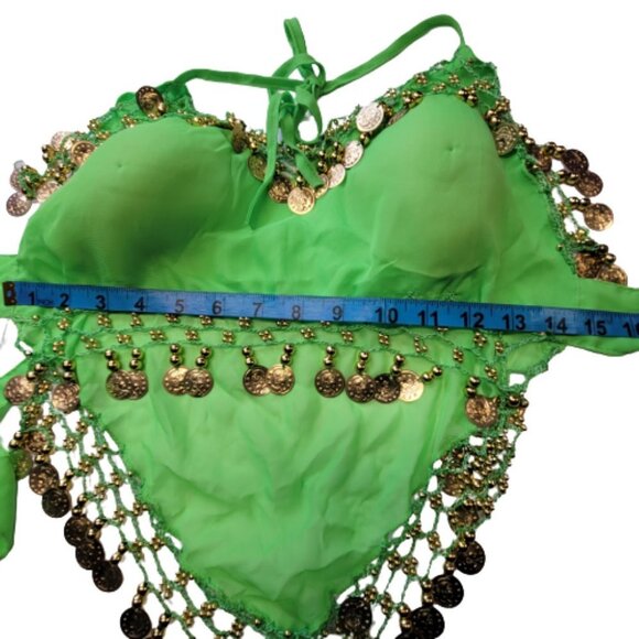 Green Belly Dancing Top Crocheted with Gold Beads Coins Halter Crop Top - Picture 5 of 6